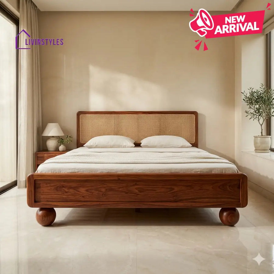 Alina Sheesham Wood Bed with Ball Shaped Legs and Cane Weaving Headboard