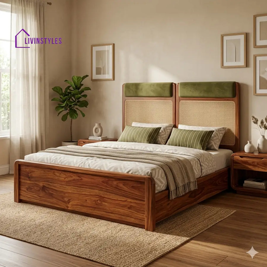 Alisha Premium Sheesham Wood Bed with Velvet Headboard