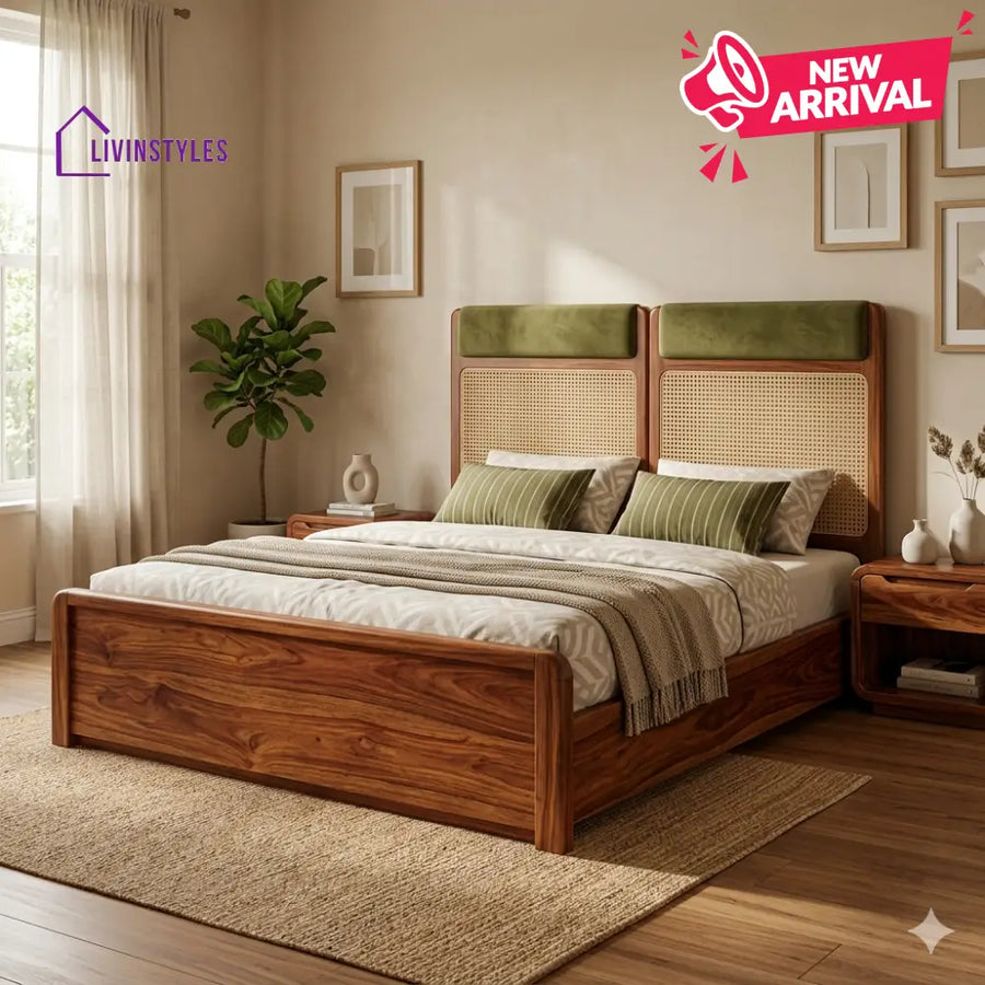 Alisha Premium Sheesham Wood Bed with Velvet Headboard