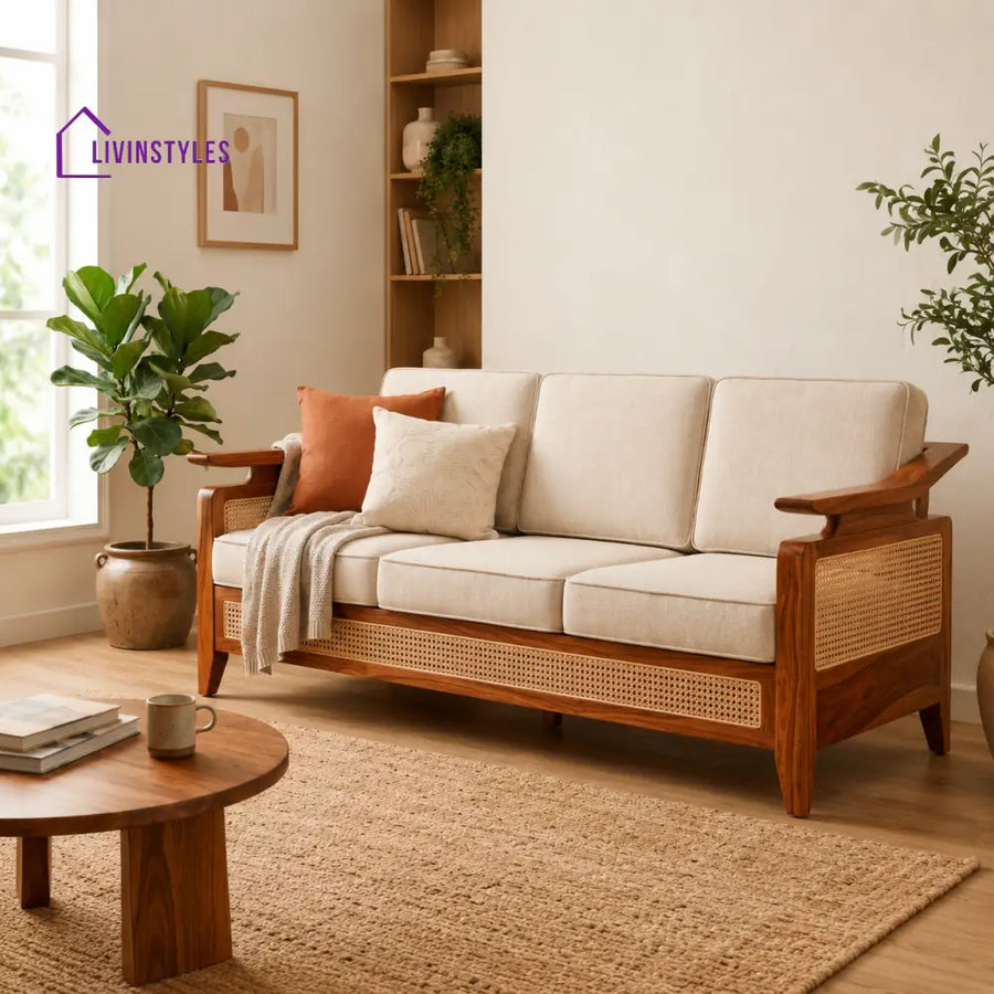 Alisha Sheesham Wood and Cane Sofa for Living Room
