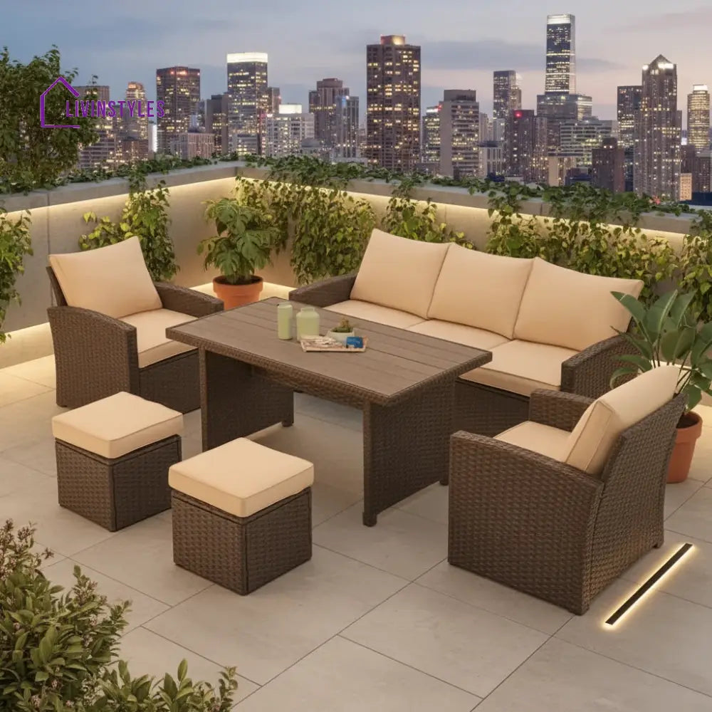 Alka Outdoor Patio Sectional Sofa Set With Ottomans And Center Table (Dark Brown/Cream)