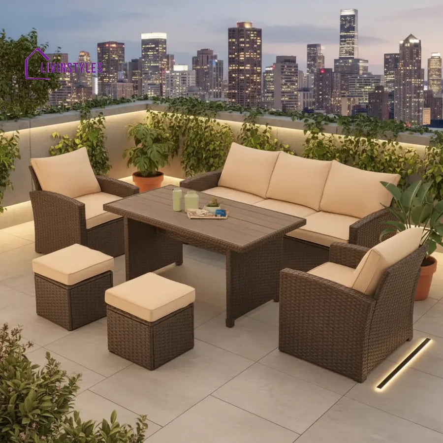 Alka Outdoor Patio Sectional Sofa Set With Ottomans And Center Table (Dark Brown/Cream)