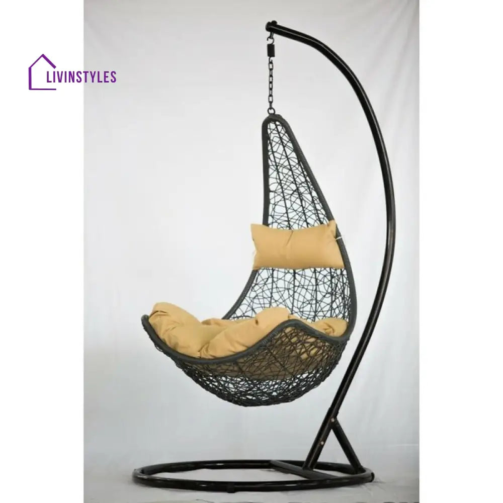 Allesi Single Seater Hanging Swing With Stand For Balcony Garden Swing (Dark Brown) - Cream - Swings