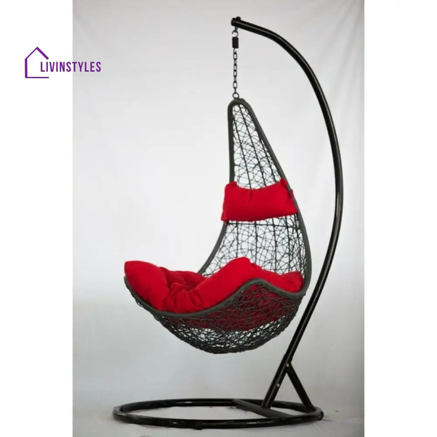 Allesi Single Seater Hanging Swing With Stand For Balcony Garden Swing (Dark Brown) - Red - Swings