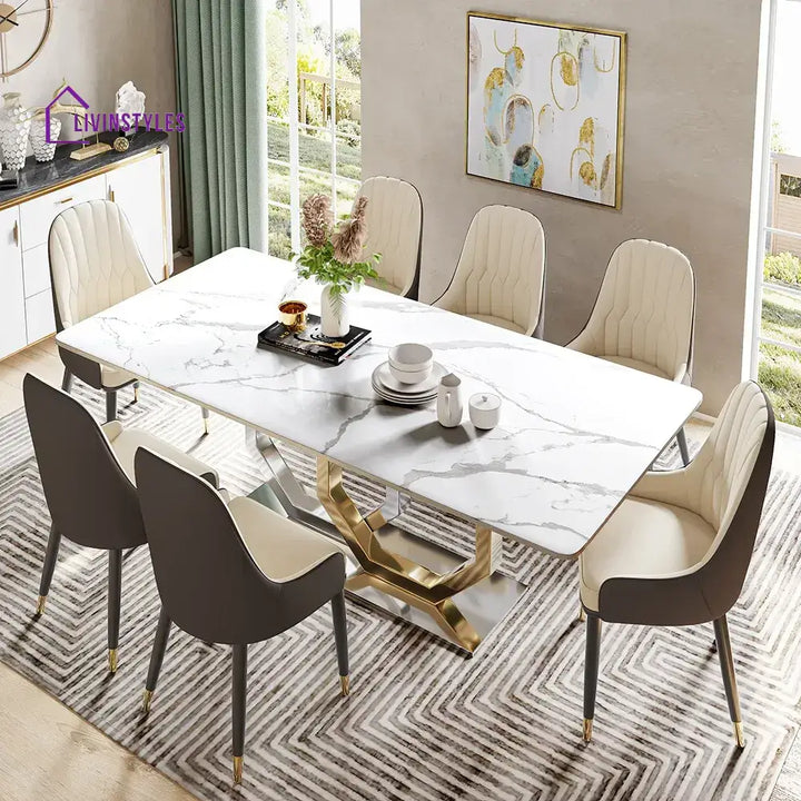 Allison Stainless Steel Dining Table Set with Marble Top | 6 Seater Dining Table Set