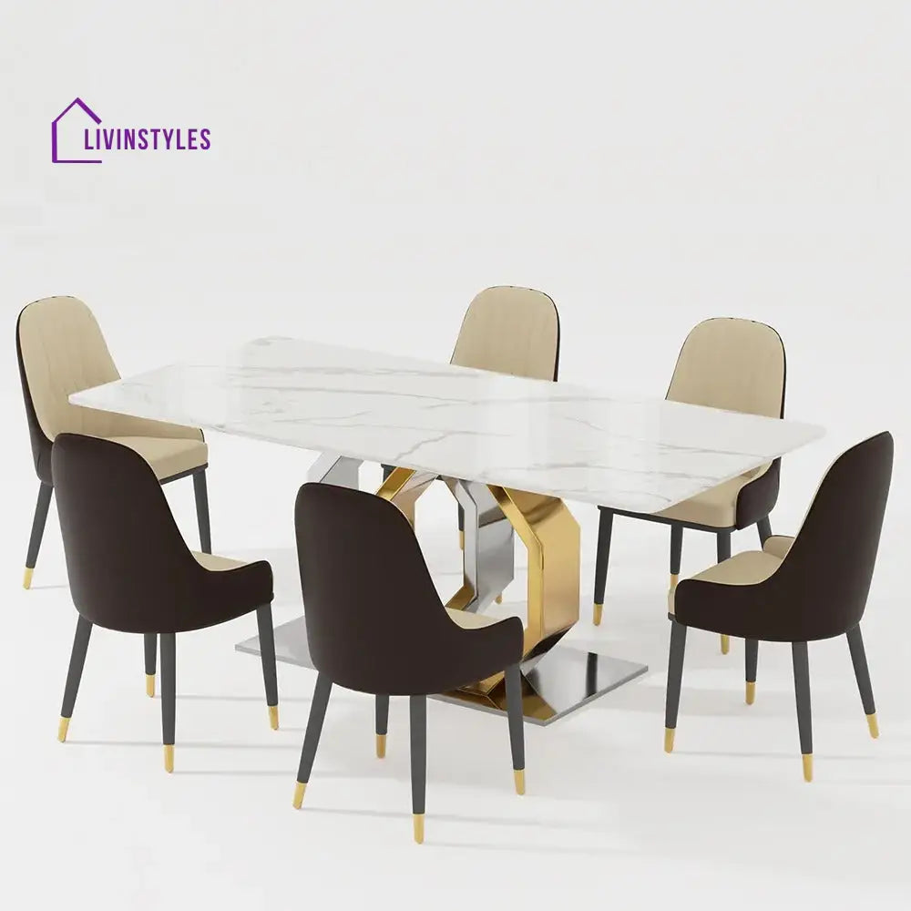 Allison Stainless Steel Dining Table Set with Marble Top | 6 Seater Dining Table Set
