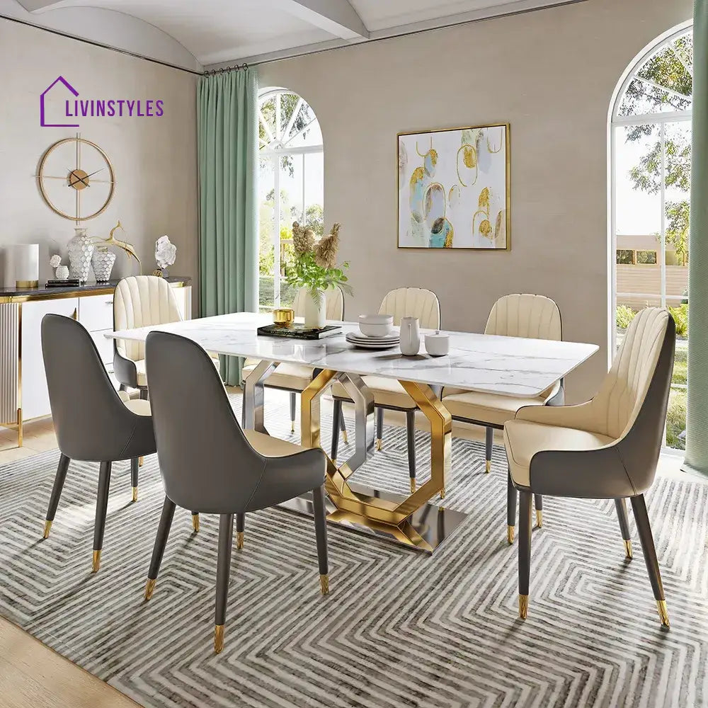 Allison Stainless Steel Dining Table Set with Marble Top | 6 Seater Dining Table Set
