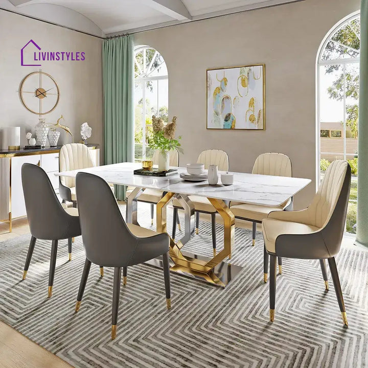 Allison Stainless Steel Dining Table Set with Marble Top | 6 Seater Dining Table Set