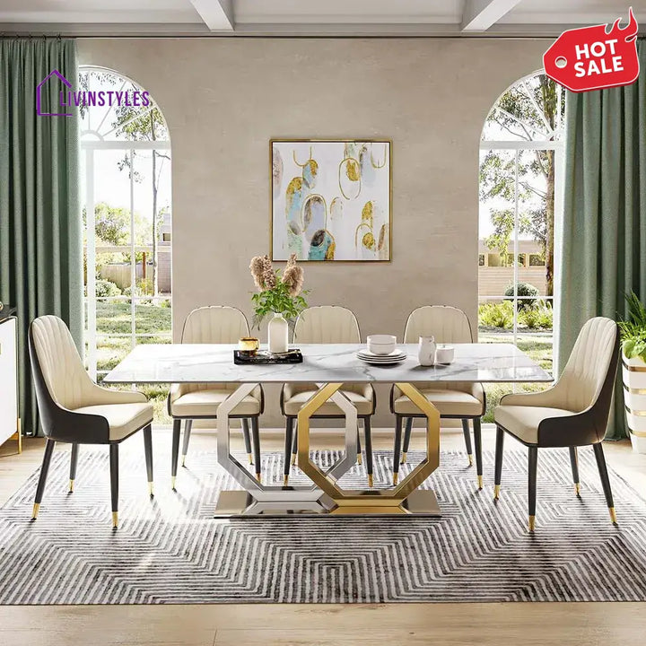 Allison Stainless Steel Dining Table Set with Marble Top | 6 Seater Dining Table Set