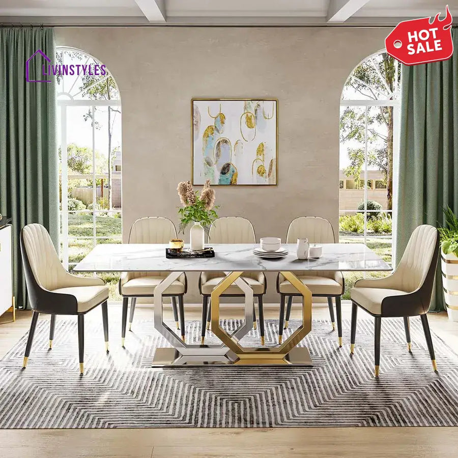 Allison Stainless Steel Dining Table Set with Marble Top | 6 Seater Dining Table Set