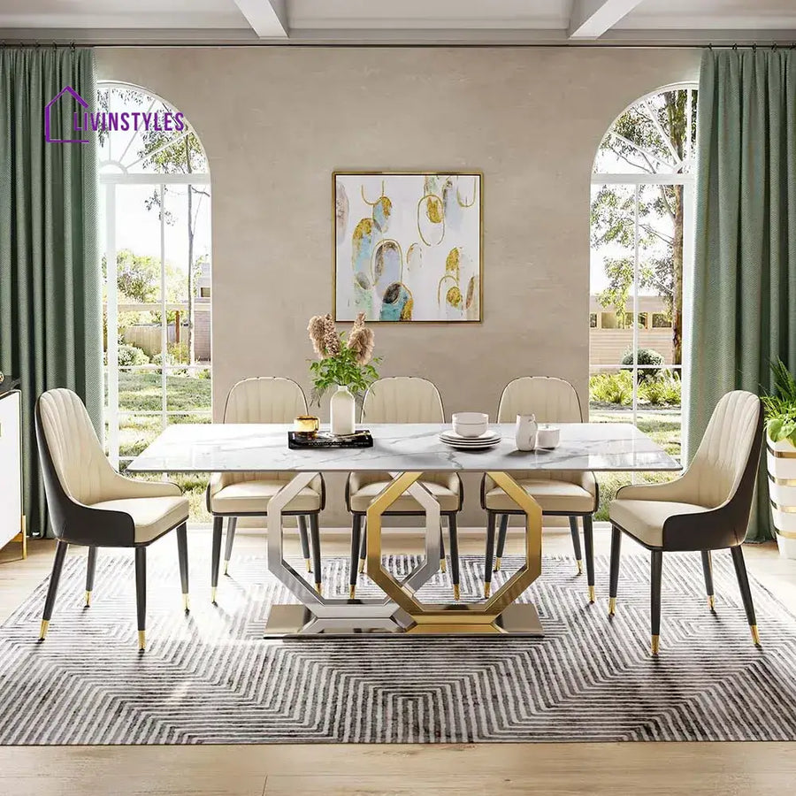 Allison Stainless Steel Dining Table Set with Marble Top | 6 Seater Dining Table Set
