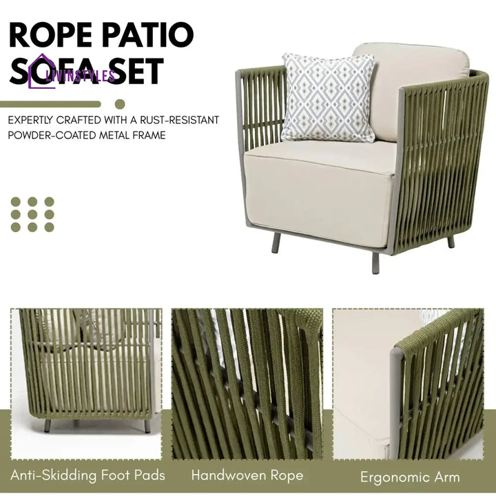 Alma All-Weather Rope 5 Seater Sofa Set With Glass Top Table - Sofa Set