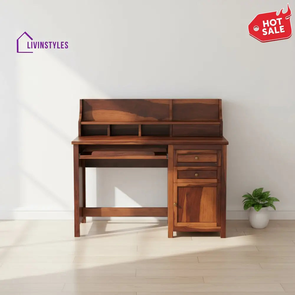 Alondra sheesham wood study table with storage cabinets and shelve Honey