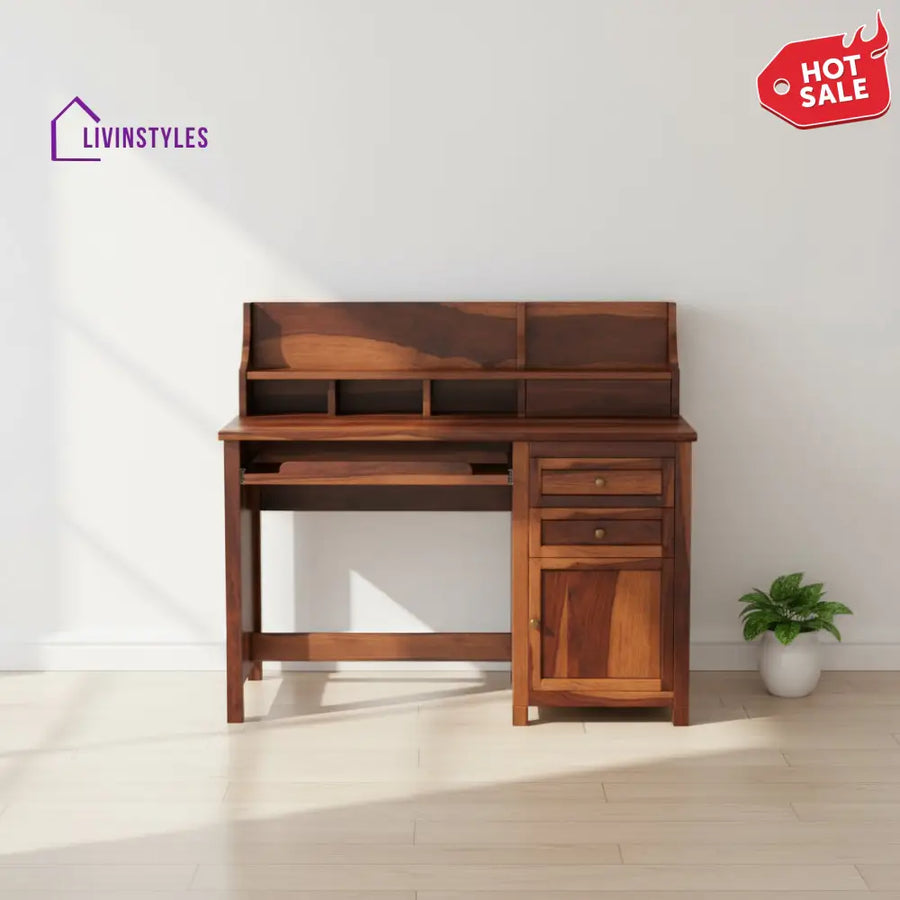Alondra sheesham wood study table with storage cabinets and shelve Honey