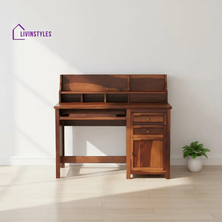 Alondra sheesham wood study table with storage cabinets and shelve Honey