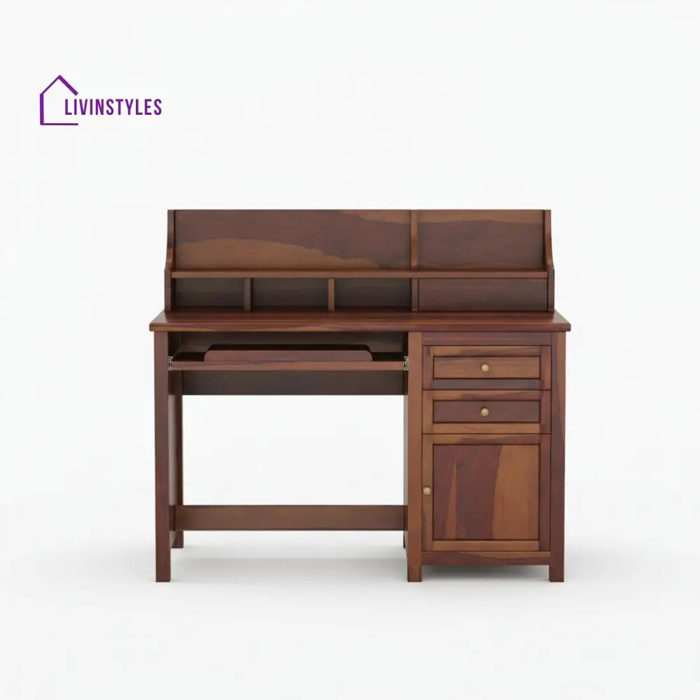 Alondra sheesham wood study table with storage cabinets and shelve Walnut