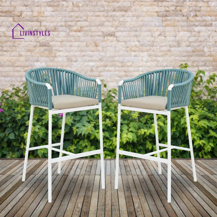 Alp Outdoor Patio Bar Chair 2 Chair For Balcony Braided & Rope - White + Green - Bar Sets