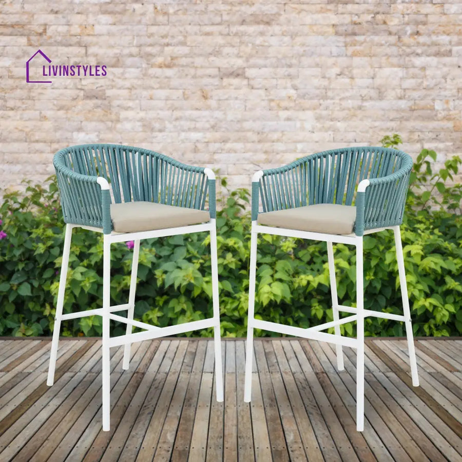 Alp Outdoor Patio Bar Chair 2 Chair For Balcony Braided & Rope - White + Green - Bar Sets