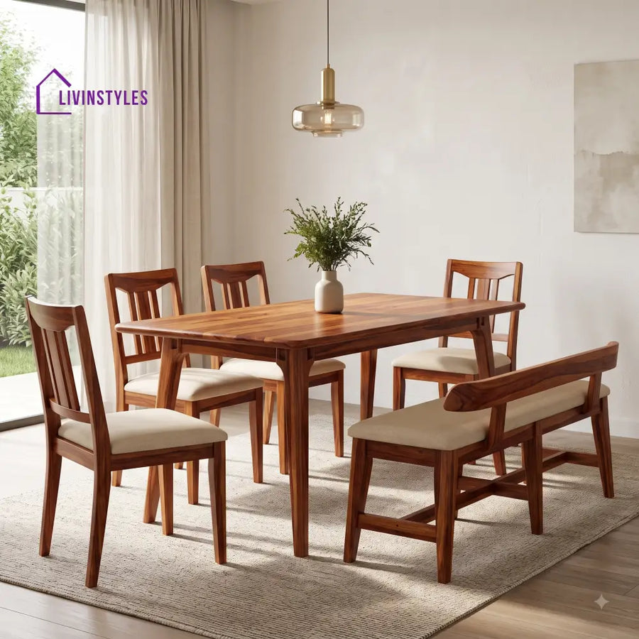 Amarachi Wooden 6 Seater Dining Table Set | 4 Chairs and 1 Bench | Table 72 X 36 X 30 Inch