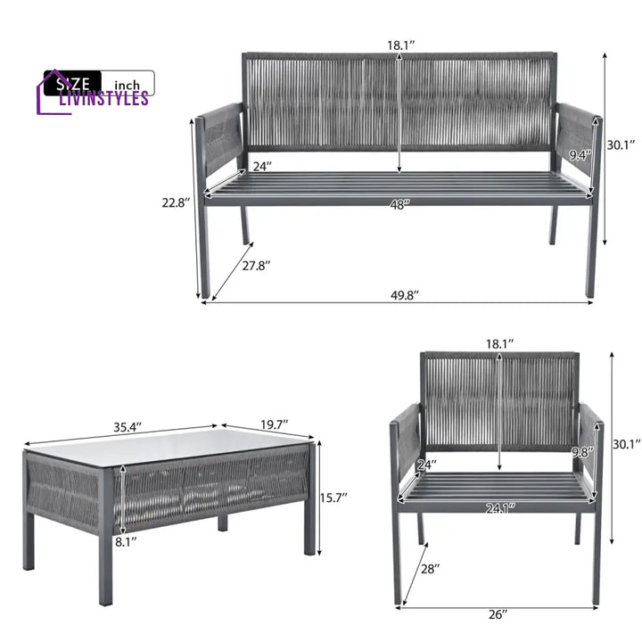 Amaya 4 Seater Aluminium And Rope Outdoor Sofa Set With Tempered Glass Table Grey