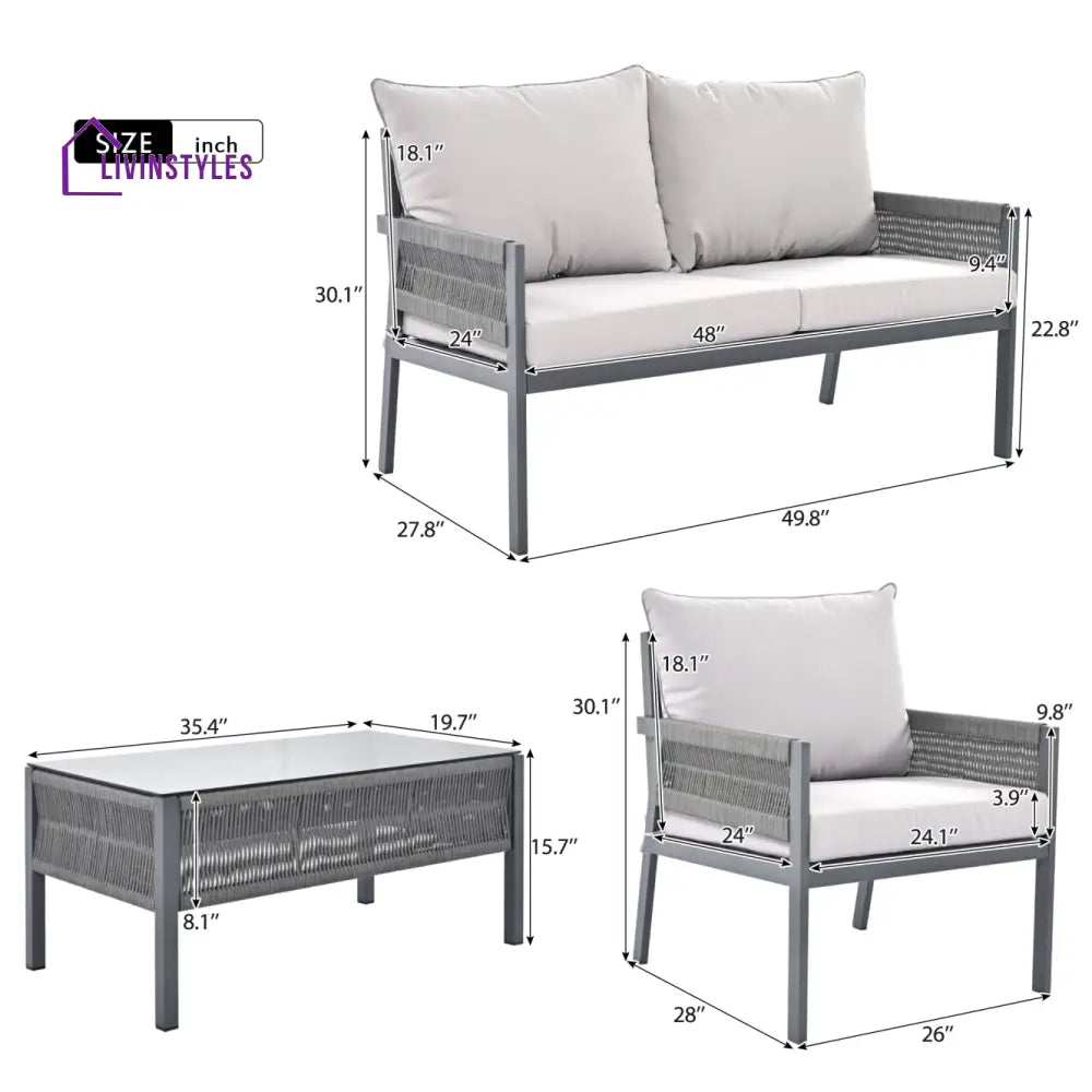 Amaya 4 Seater Aluminium And Rope Outdoor Sofa Set With Tempered Glass Table Grey