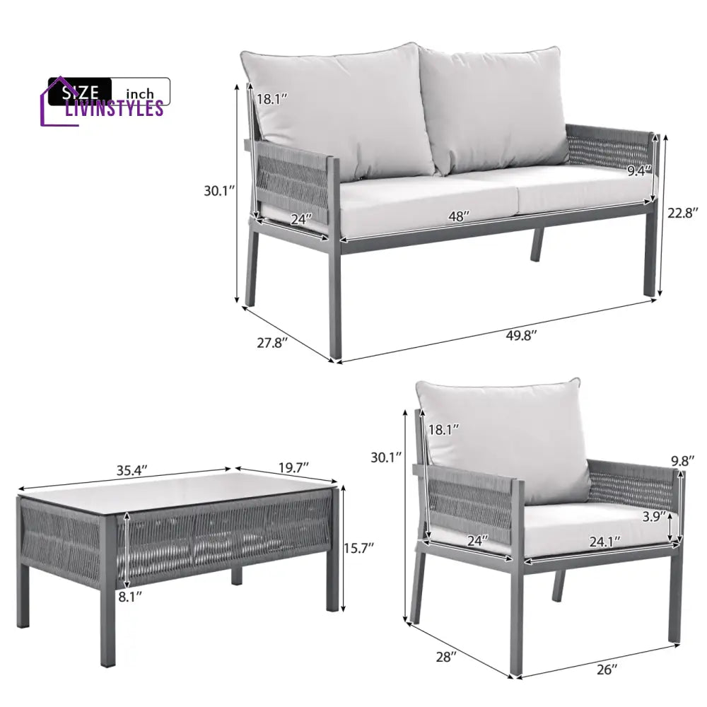 Amaya 4 Seater Aluminium And Rope Outdoor Sofa Set With Tempered Glass Table Grey