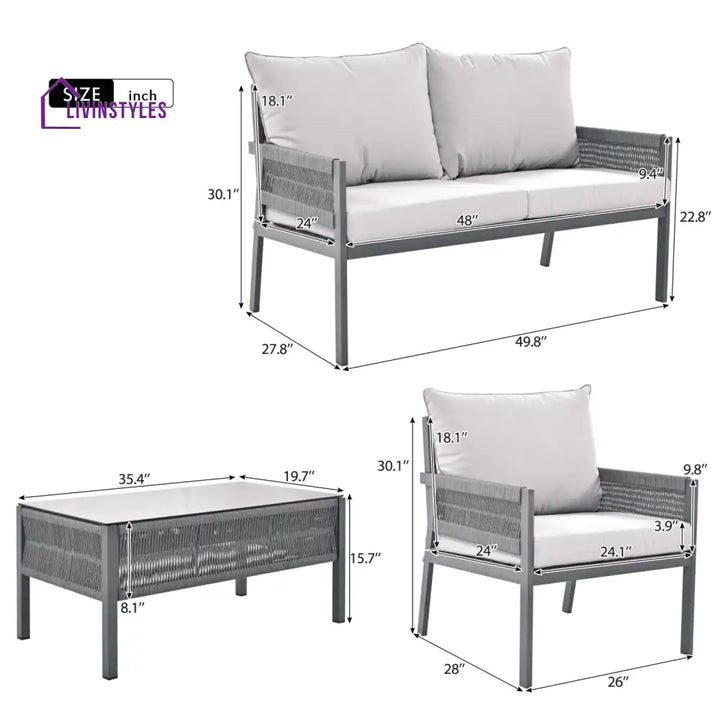 Amaya 4 Seater Aluminium And Rope Outdoor Sofa Set With Tempered Glass Table Grey