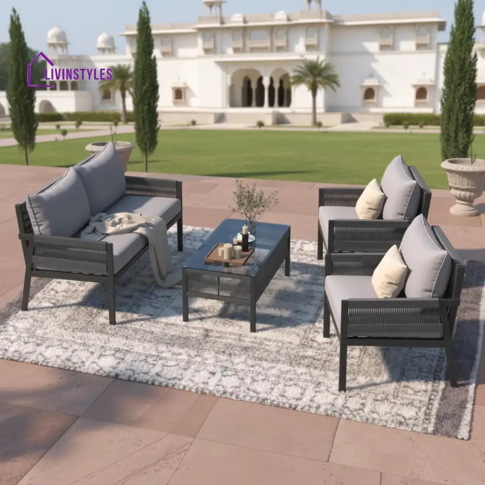 Amaya 4 Seater Aluminium And Rope Outdoor Sofa Set With Tempered Glass Table Grey