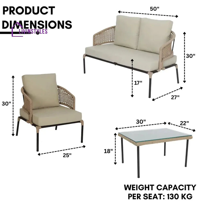Amaya All-Weather Patio Rope Sofa Set with Glass Top Coffee Table - Sofa Set