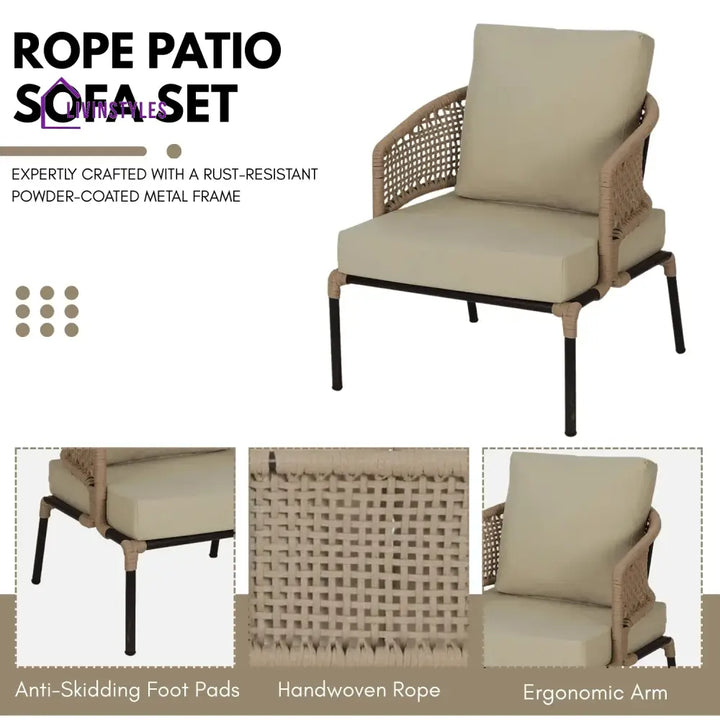 Amaya All-Weather Patio Rope Sofa Set with Glass Top Coffee Table - Sofa Set
