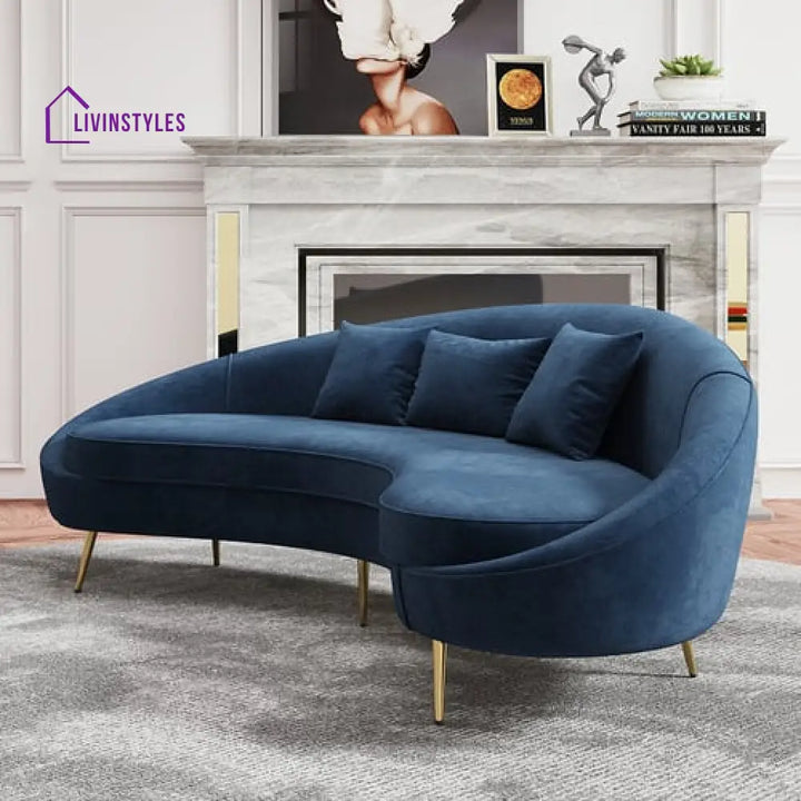 Amaya Blue Velvet Curved Sofa 3 Seater