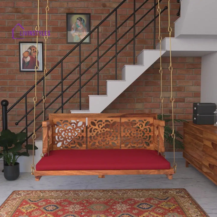 Amaya Vintage Carved Back Designed Red Upholstery Handmade Swing for Home Swing