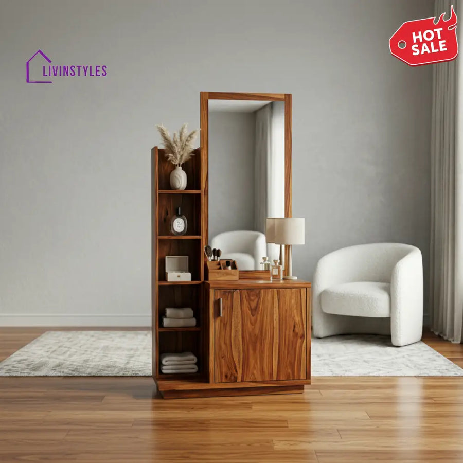 Amelia Sheesham Wood Dressing Table with Mirror and Storage (Honey Finish)