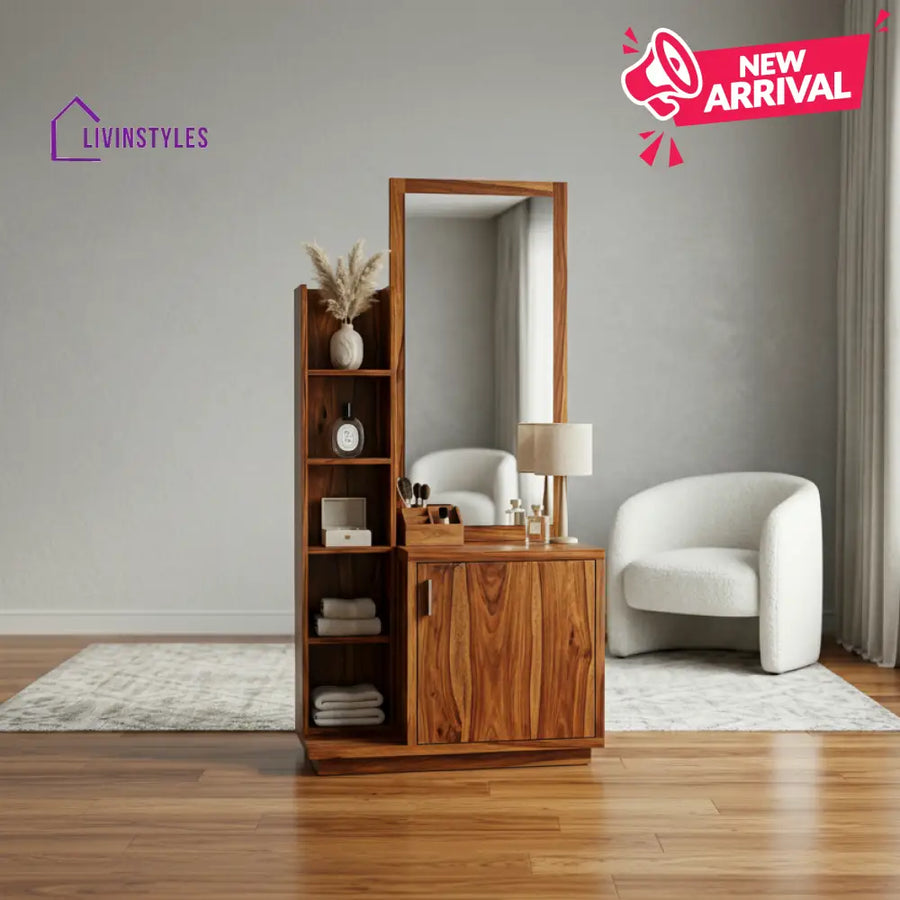 Amelia Sheesham Wood Dressing Table with Mirror and Storage (Honey Finish)