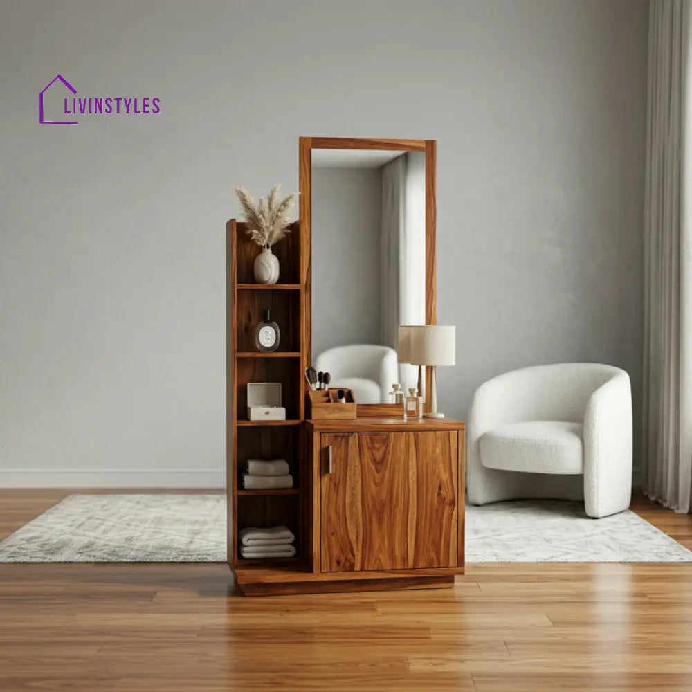 Amelia Sheesham Wood Dressing Table with Mirror and Storage (Honey Finish)