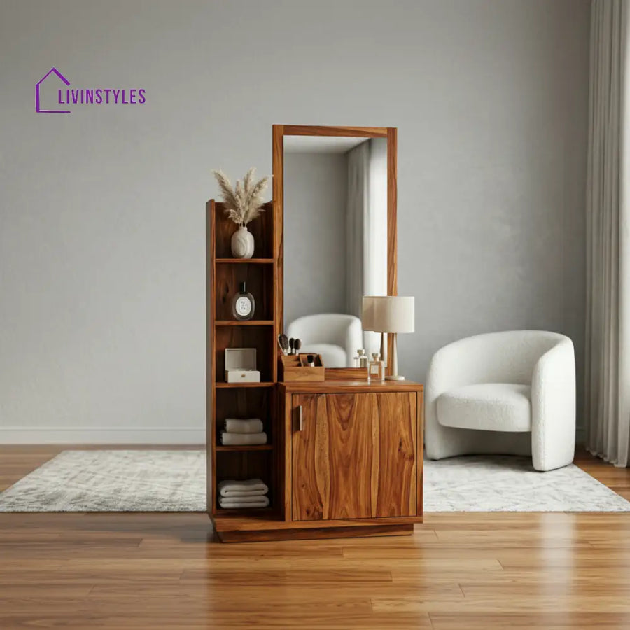 Amelia Sheesham Wood Dressing Table with Mirror and Storage (Honey Finish)