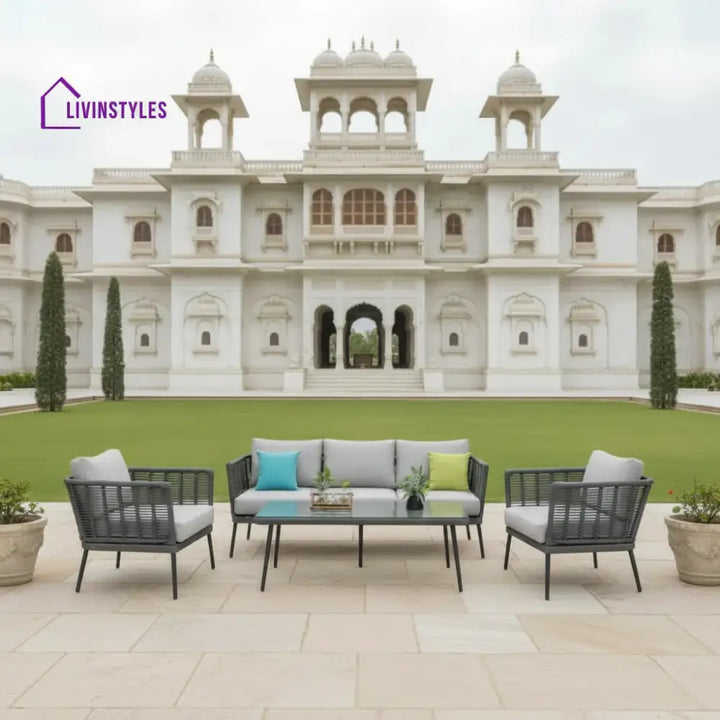 Amirah Outdoor Grey Rope 7-Seater Sofa Set With Glass Top Table - Sofa Set