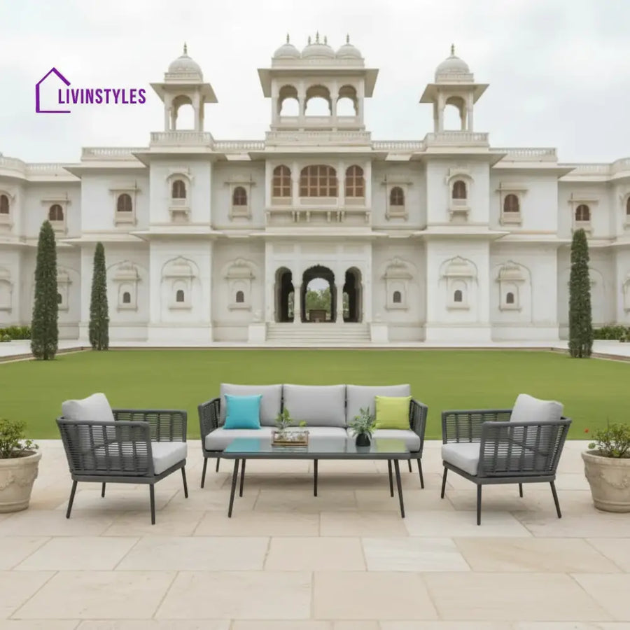 Amirah Outdoor Grey Rope 7-Seater Sofa Set With Glass Top Table - Sofa Set