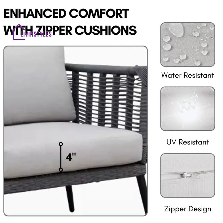 Amirah Outdoor Grey Rope 7-Seater Sofa Set With Glass Top Table - Sofa Set
