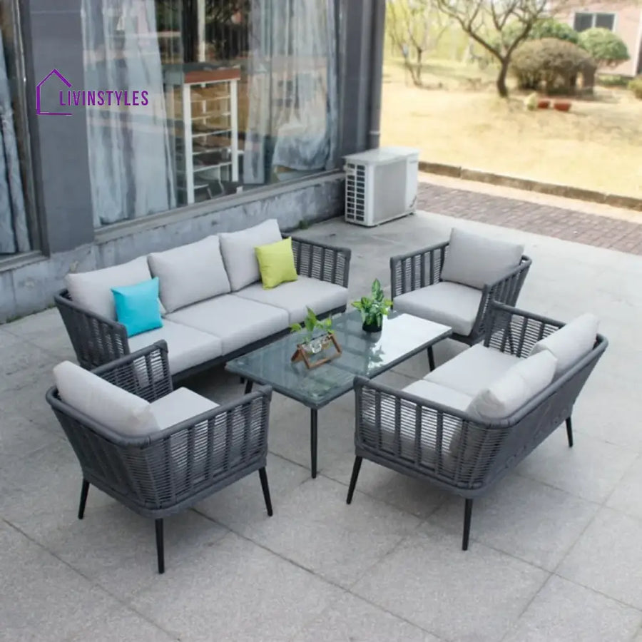Amirah Outdoor Grey Rope 7-Seater Sofa Set With Glass Top Table - Sofa Set