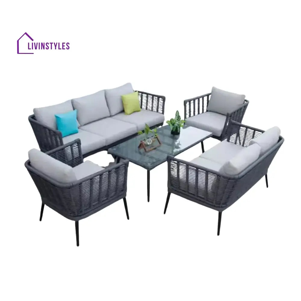 Amirah Outdoor Grey Rope 7-Seater Sofa Set With Glass Top Table - Sofa Set