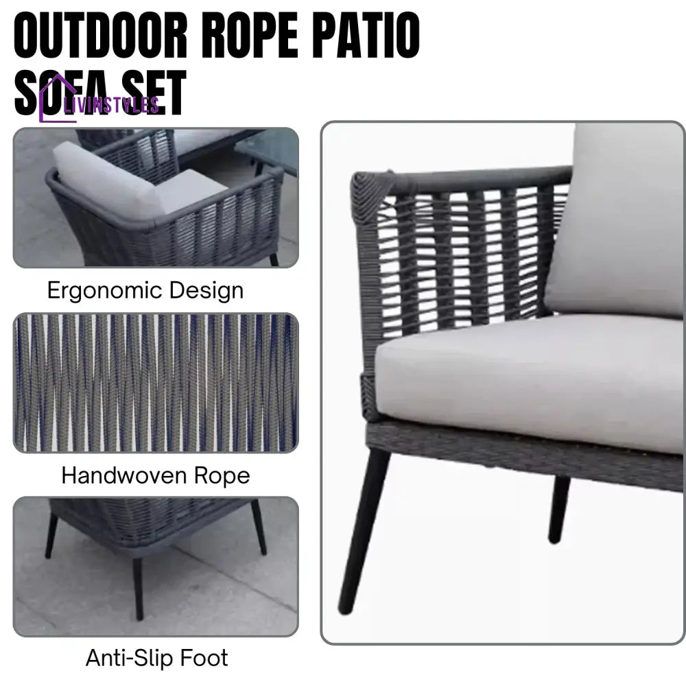 Amirah Outdoor Grey Rope 7-Seater Sofa Set With Glass Top Table - Sofa Set