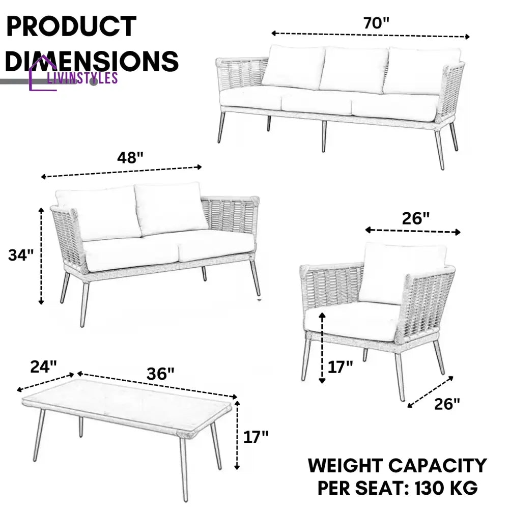 Amirah Outdoor Grey Rope 7-Seater Sofa Set With Glass Top Table - Sofa Set