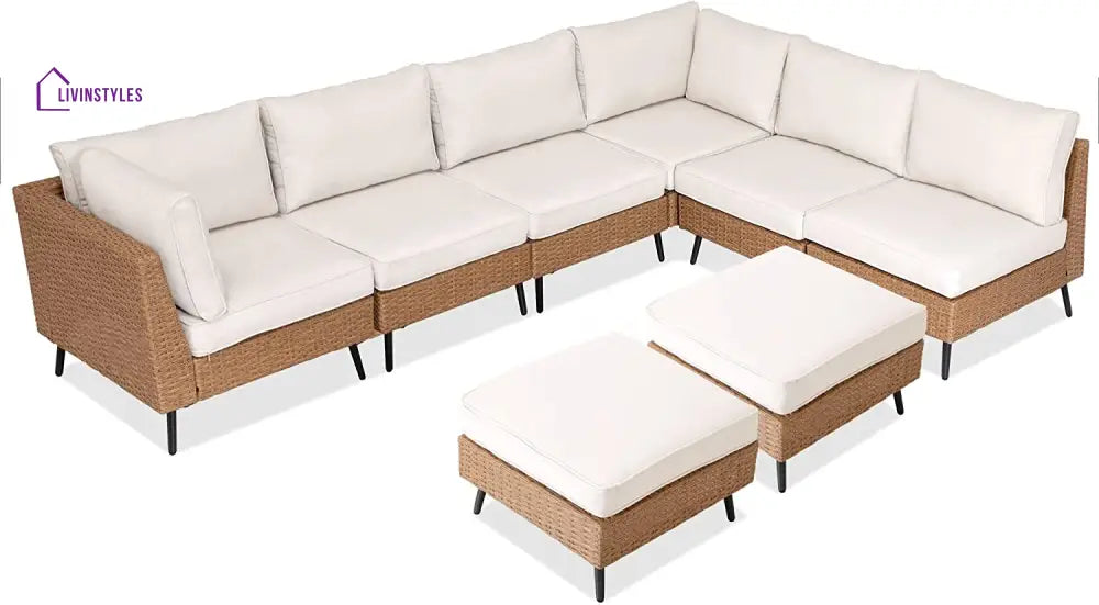 Ammar Outdoor Sofa Set 6 Seater and Single Seater with 2 Ottoman Set (Beige) - Sofa Sets