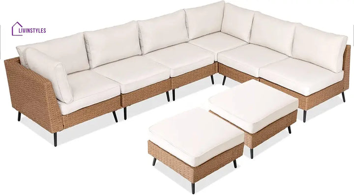 Ammar Outdoor Sofa Set 6 Seater and Single Seater with 2 Ottoman Set (Beige) - Sofa Sets