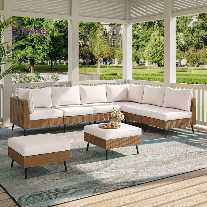 Ammar Outdoor Sofa Set 6 Seater and Single Seater with 2 Ottoman Set (Beige) - Sofa Sets