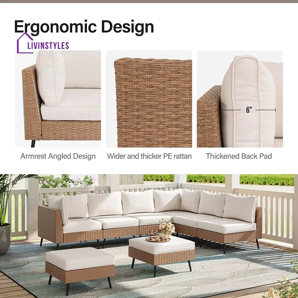 Ammar Outdoor Sofa Set 6 Seater and Single Seater with 2 Ottoman Set (Beige) - Sofa Sets