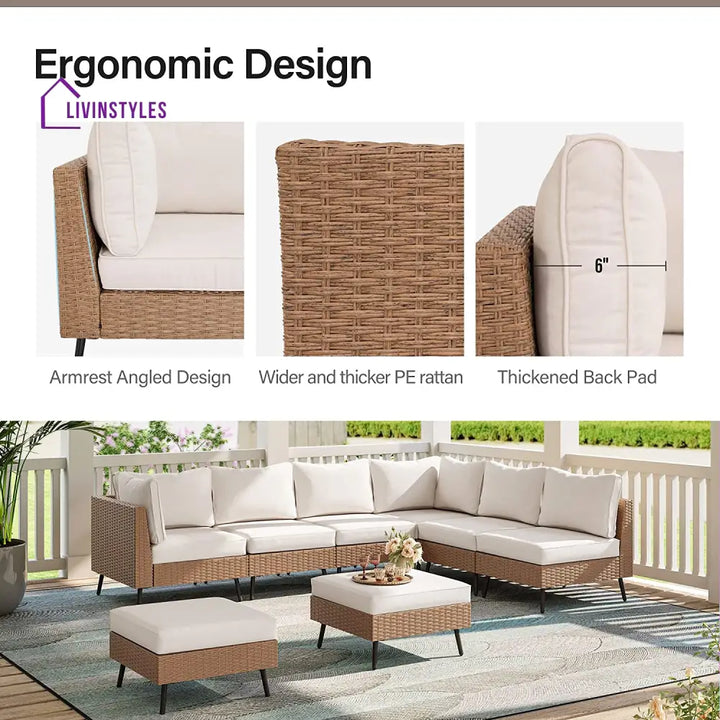 Ammar Outdoor Sofa Set 6 Seater and Single Seater with 2 Ottoman Set (Beige) - Sofa Sets