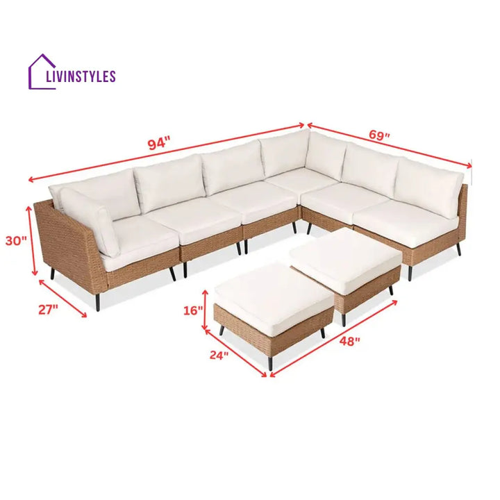Ammar Outdoor Sofa Set 6 Seater and Single Seater with 2 Ottoman Set (Beige) - Sofa Sets