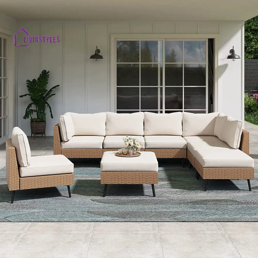 Ammar Outdoor Sofa Set 6 Seater and Single Seater with 2 Ottoman Set (Beige) - Sofa Sets